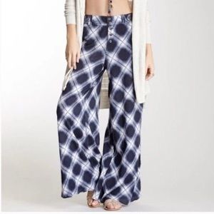 FREE PEOPLE WIDE FLAIR LEG DIAGONAL PLAID PANTS W/BUTTON FRONT AND SIDE POCKETS